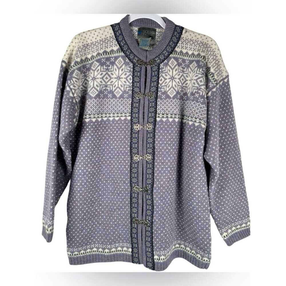Squaw Valley Purple Nordic Fair Isle 100% Wool Cardigan Sweater Jacket Sz Small